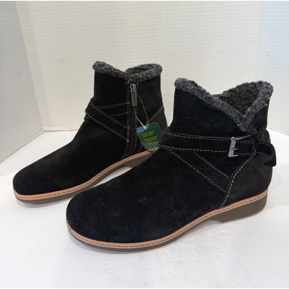 Earth Hutton NWT Black Suede Water Repellent Faux Fur Side Zip Ankle Boots 8M